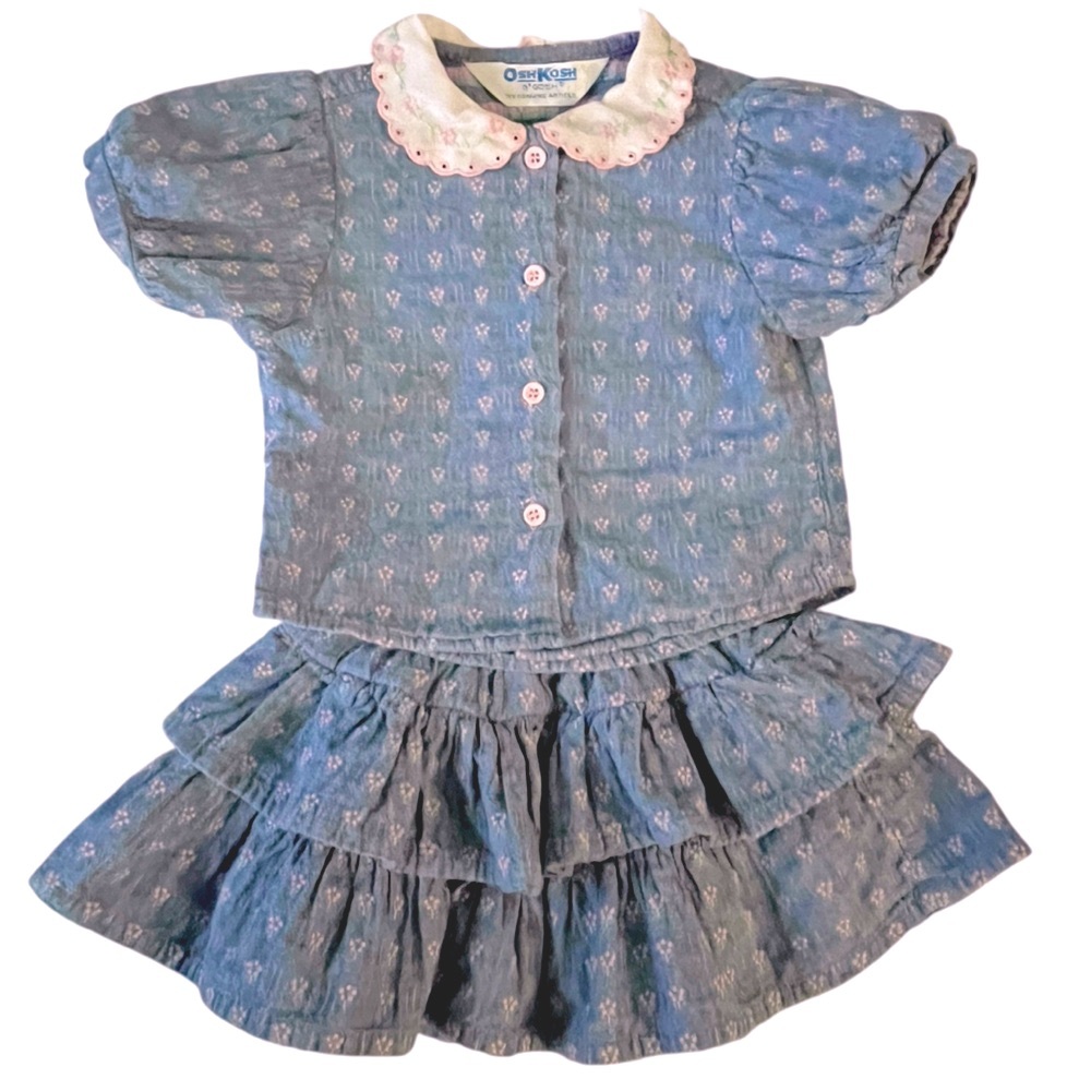 VINTAGE Oshkosh B'gosh Denim Ruffle Skirt and Matching Blouse Embroidered 18 Mos